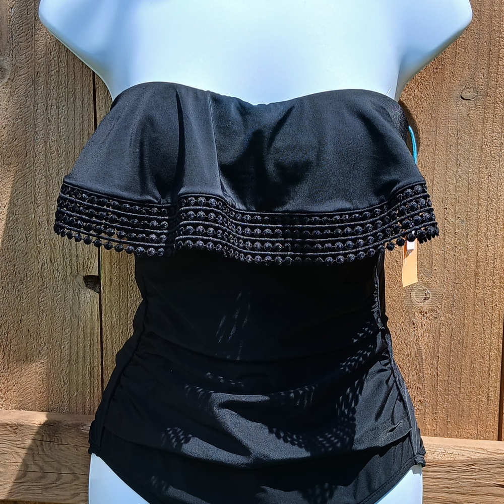 Black Strapless Swimsuit with Ruffle Detail